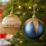 Enfeite Natalino Bolas de Natal Acabamento Azul e Dourado Kit 8 Bolas 8CM