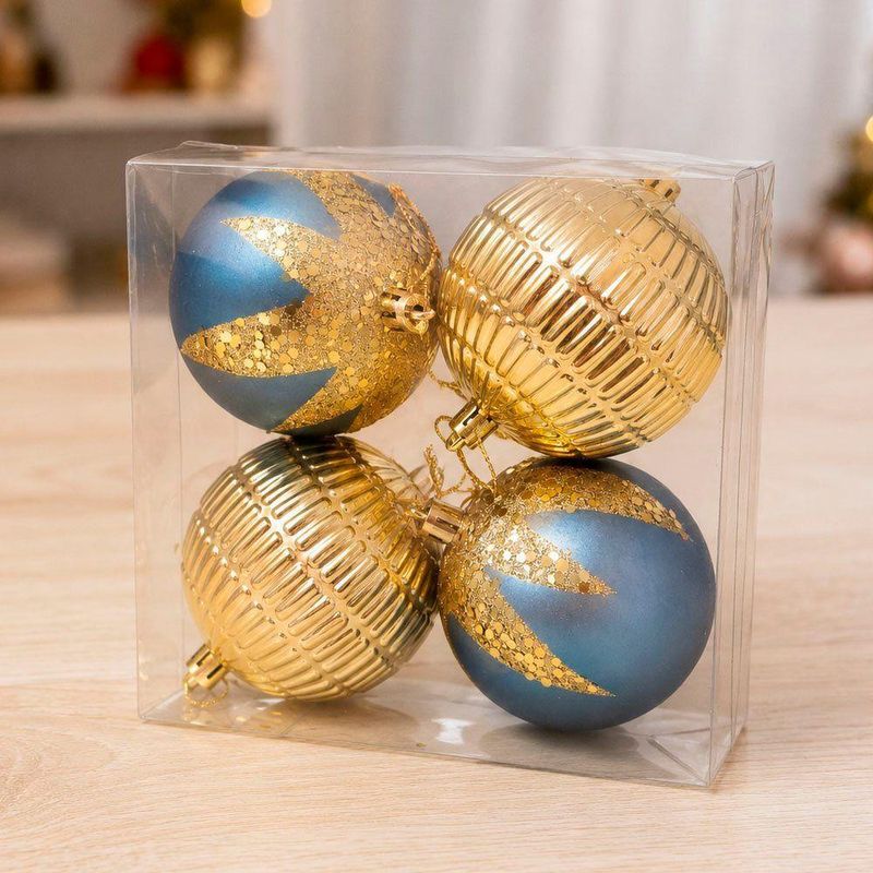Enfeite Natalino Bolas de Natal Acabamento Azul e Dourado Kit 8 Bolas 8CM