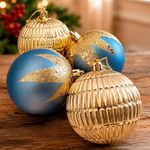 Enfeite Natalino Bolas de Natal Acabamento Azul e Dourado Kit 8 Bolas 8CM