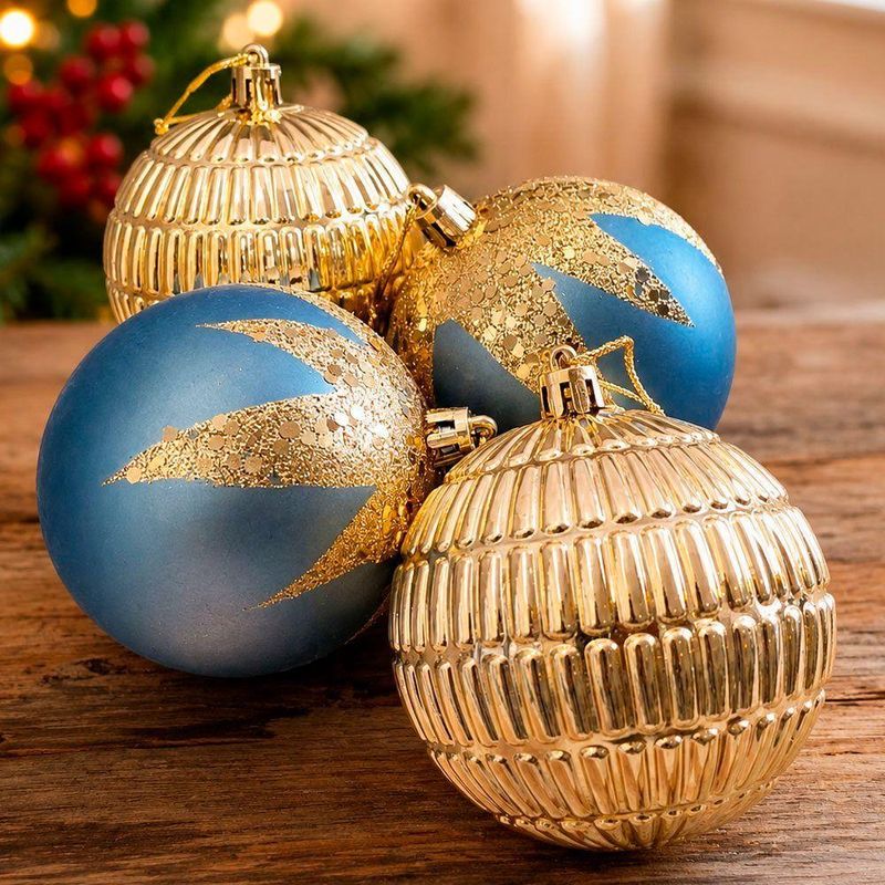 Enfeite Natalino Bolas de Natal Acabamento Azul e Dourado Kit 8 Bolas 8CM