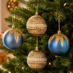 Enfeite Natalino Bolas de Natal Acabamento Azul e Dourado Kit 8 Bolas 8CM