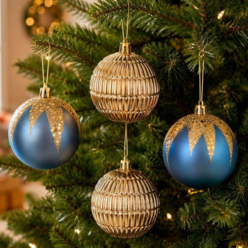 Enfeite Natalino Bolas de Natal Acabamento Azul e Dourado Kit 8 Bolas 8CM