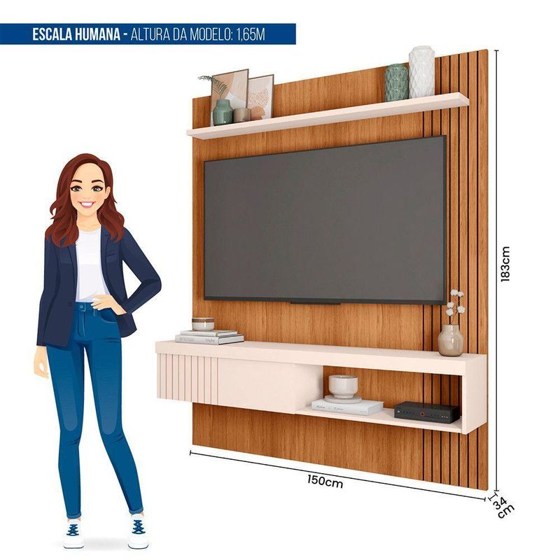 Painel para TV Jade 15 55" 150CM MDF-MDP Ripado Off White Caemmun Móveis