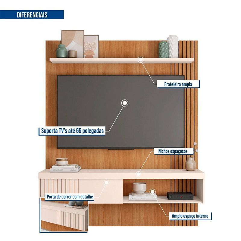 Painel para TV Jade 15 55" 150CM MDF-MDP Ripado Off White Caemmun Móveis